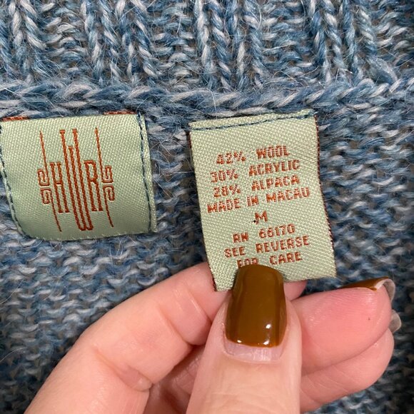 Anthropologie Monogram Heathered Teal Cardigan Shawl Wool Alpaca Blend Sweater M - Picture 5 of 8